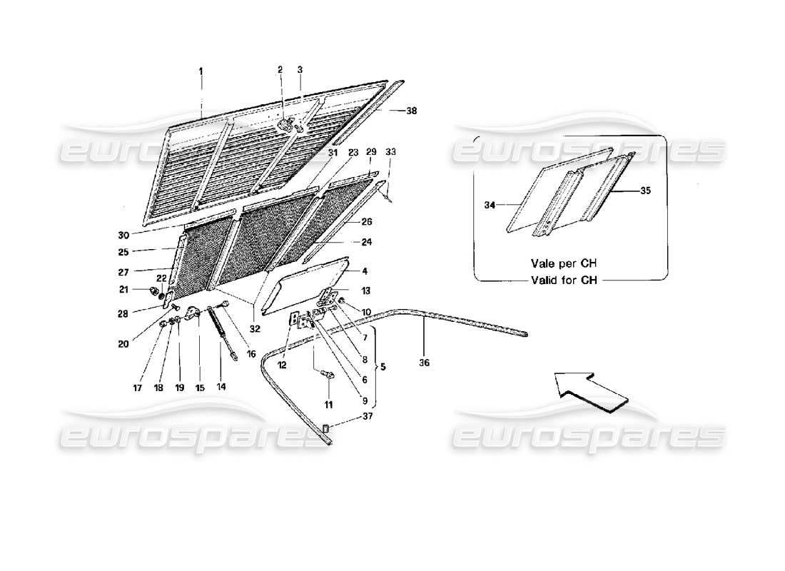 ferrari mondial 3.4 t coupe/cabrio coperchio del vano motore - schema delle parti della cabriolet