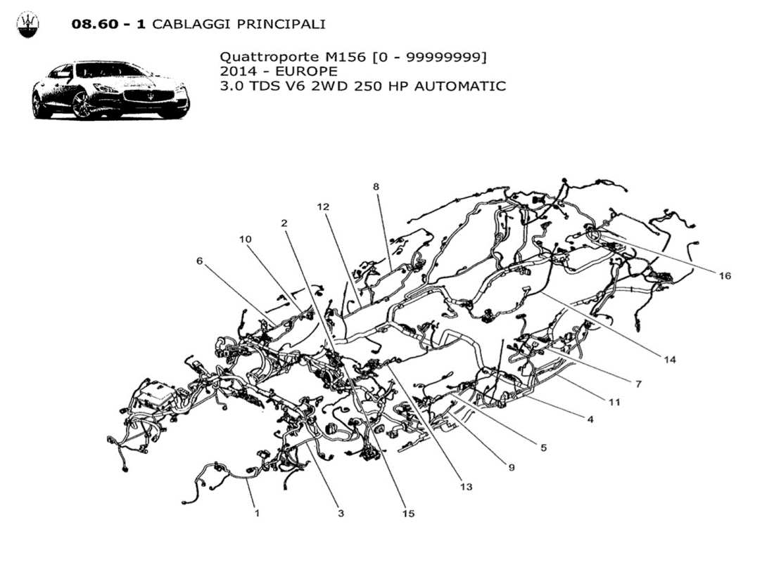 maserati qtp. v6 3.0 tds 250bhp 2014 schema delle parti del cablaggio principale