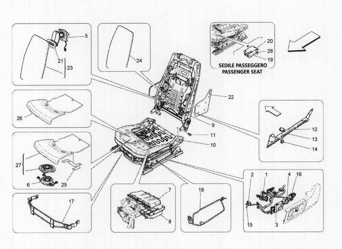 maserati qtp. v6 3.0 bt 410bhp 2wd 2017 sedili anteriori: diagramma delle parti meccaniche ed elettroniche