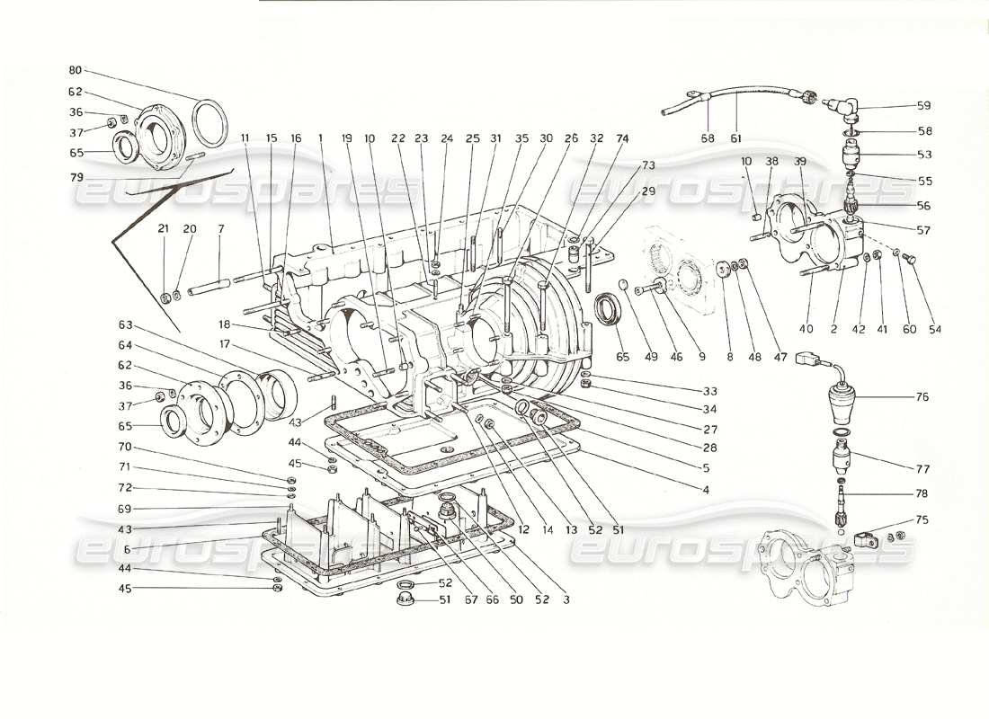 ferrari 308 gt4 dino (1976) schema delle parti del cambio: alloggiamento del differenziale e coppa dell'olio