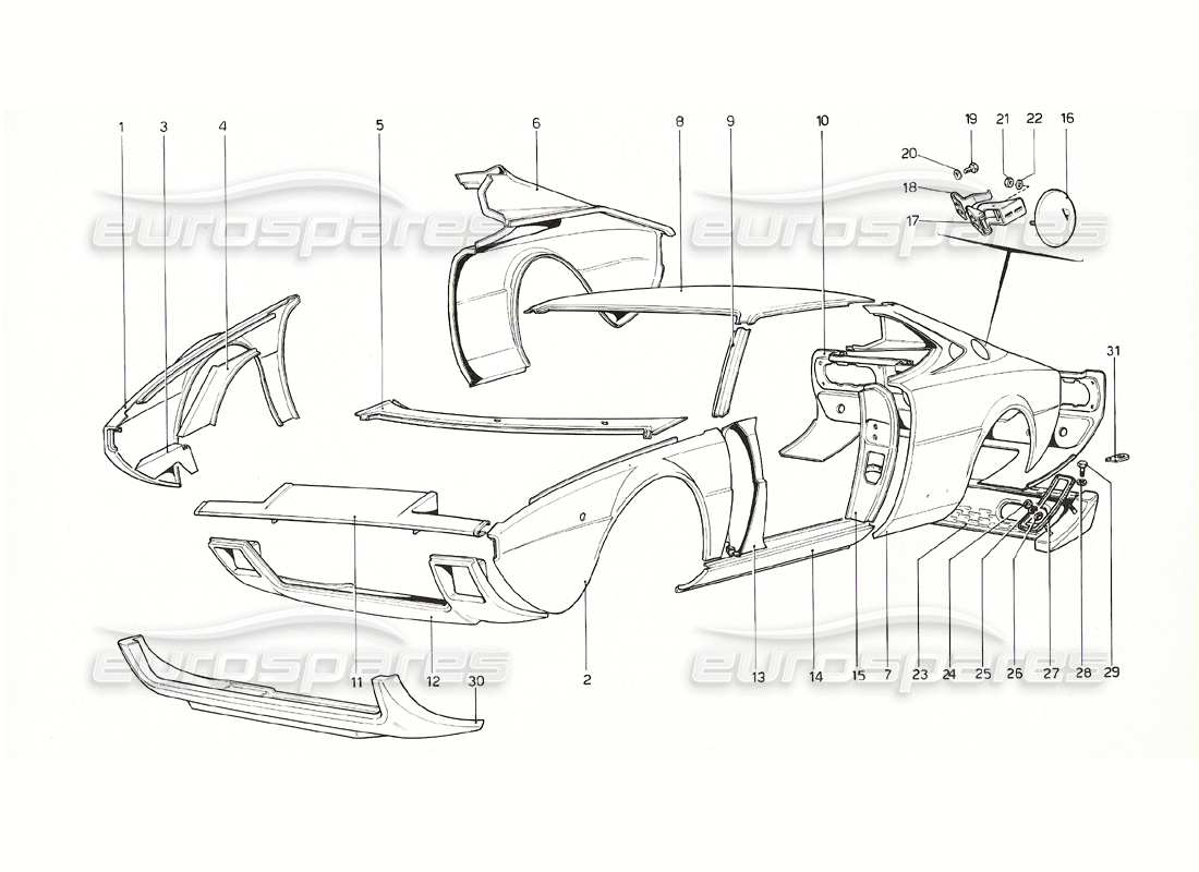 ferrari 308 gt4 dino (1976) scocca - elementi esterni diagramma delle parti