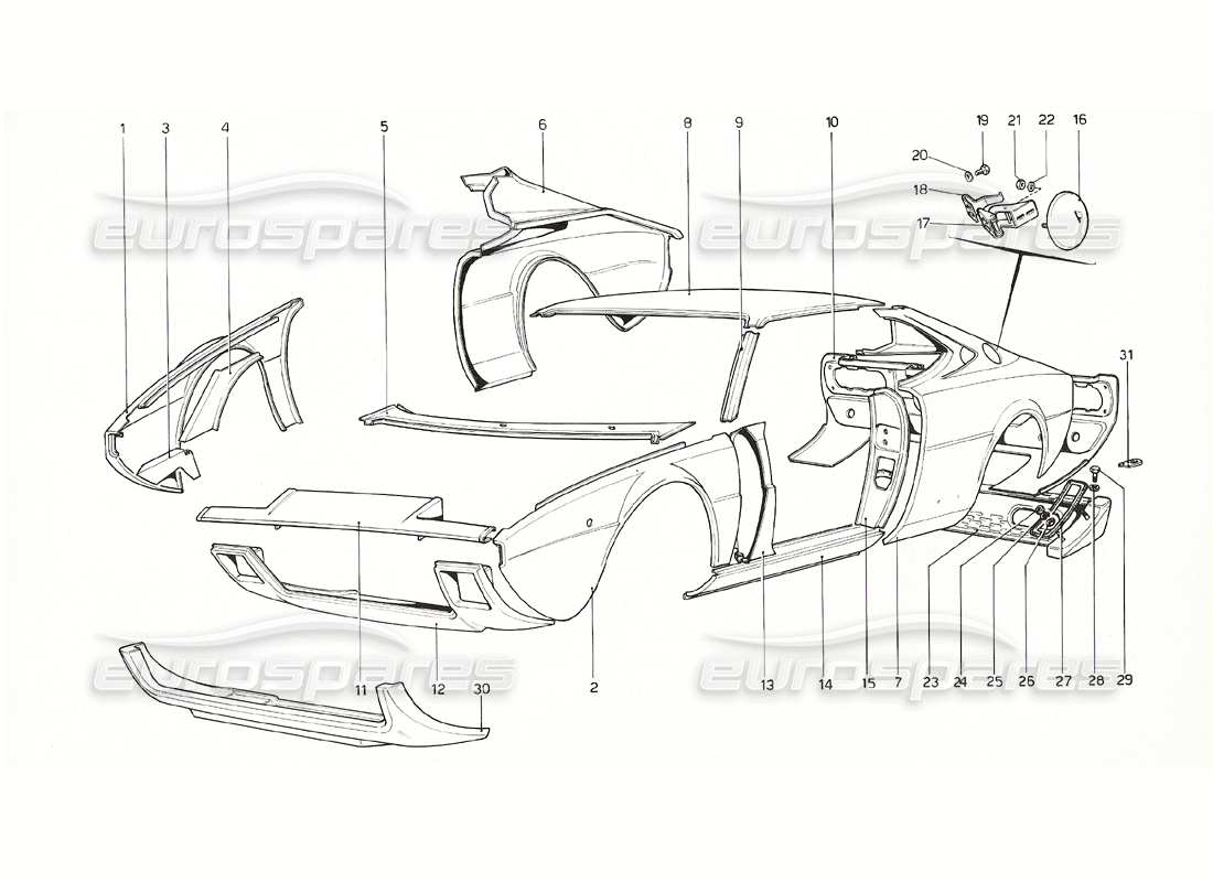 ferrari 308 gt4 dino (1976) scocca - diagramma delle parti degli elementi esterni