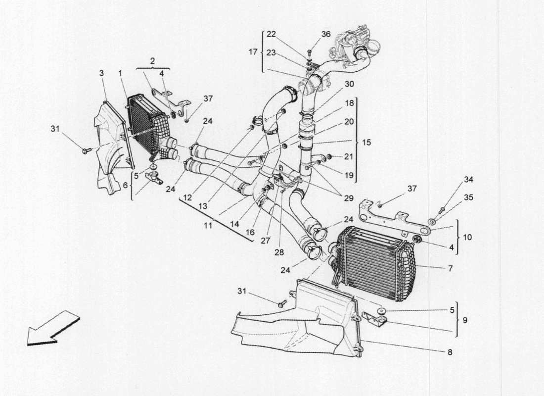 maserati qtp. v6 3.0 tds 275bhp 2017 diagramma delle parti del sistema di intercooler
