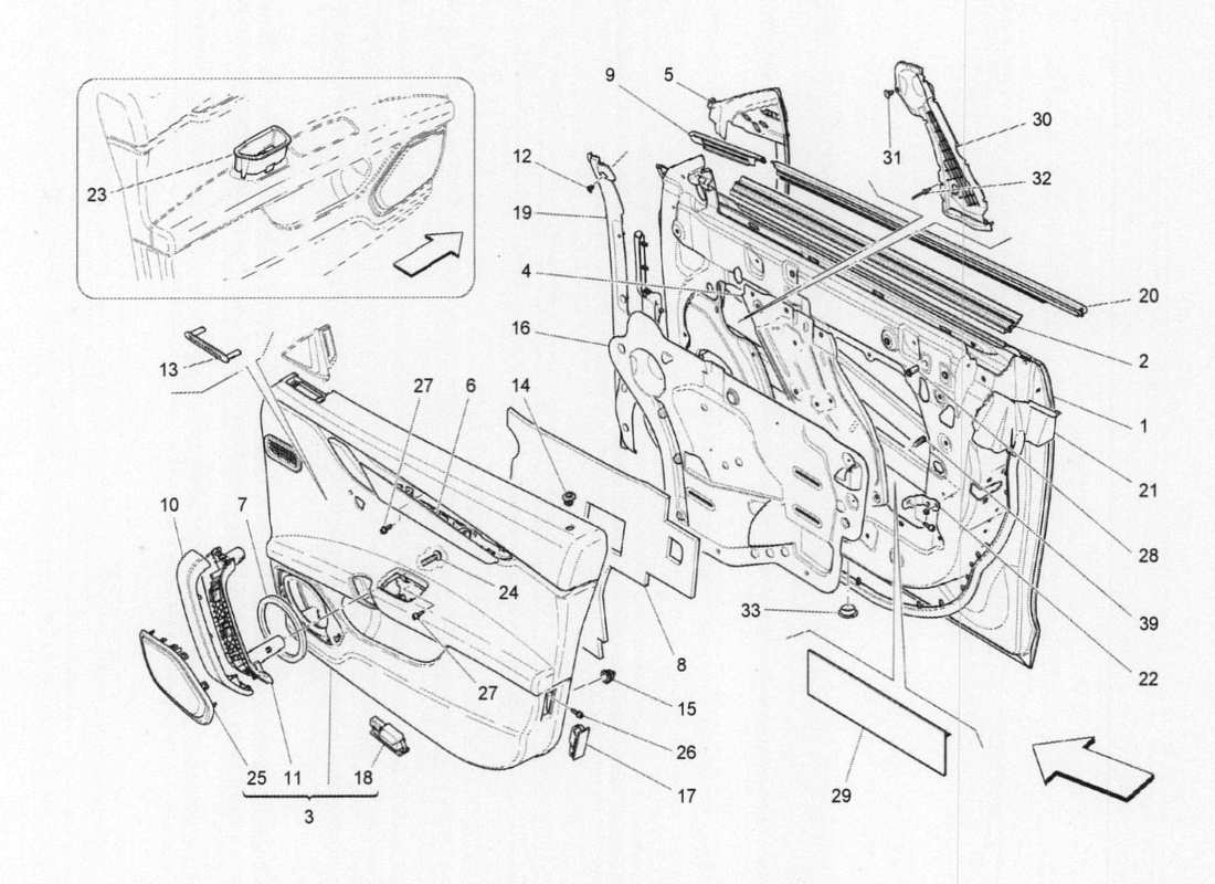maserati qtp. v6 3.0 tds 275bhp 2017 porte anteriori: diagramma delle parti dei pannelli di rivestimento