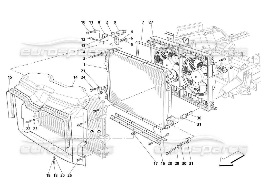 maserati qtp. (2003) 4.2 sistema di raffreddamento: diagramma delle parti di radiatori e convogliatori d'aria