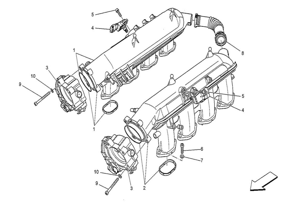 maserati qtp. v8 3.8 530bhp 2014 schema della parte del collettore di aspirazione e del corpo farfallato