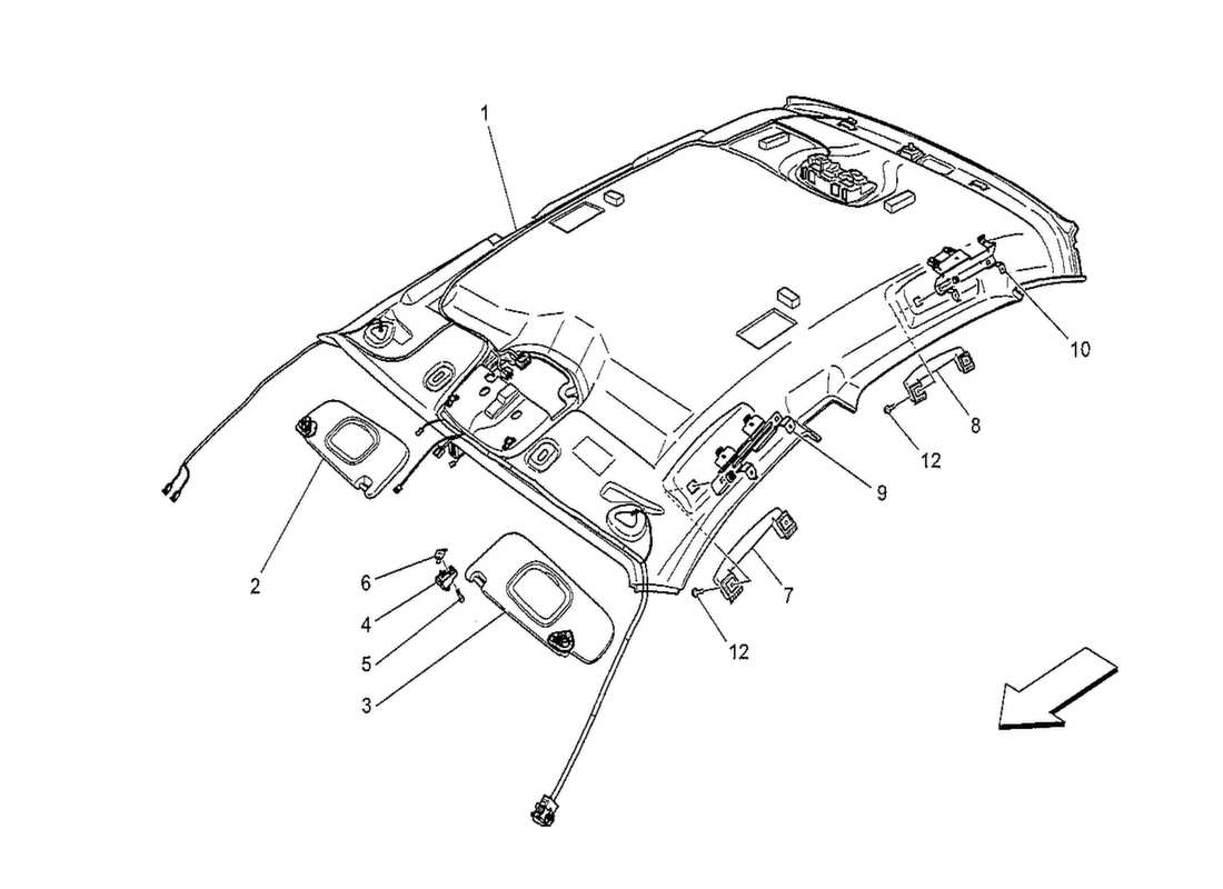 maserati qtp. v8 3.8 530bhp 2014 diagramma delle parti del tetto e delle alette parasole
