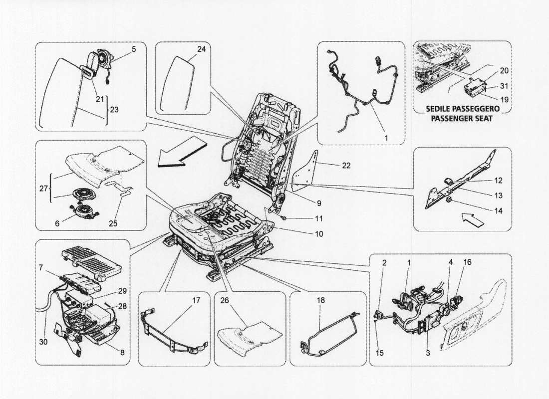maserati qtp. v6 3.0 bt 410bhp 2wd 2017 sedili anteriori: diagramma delle parti meccaniche ed elettroniche