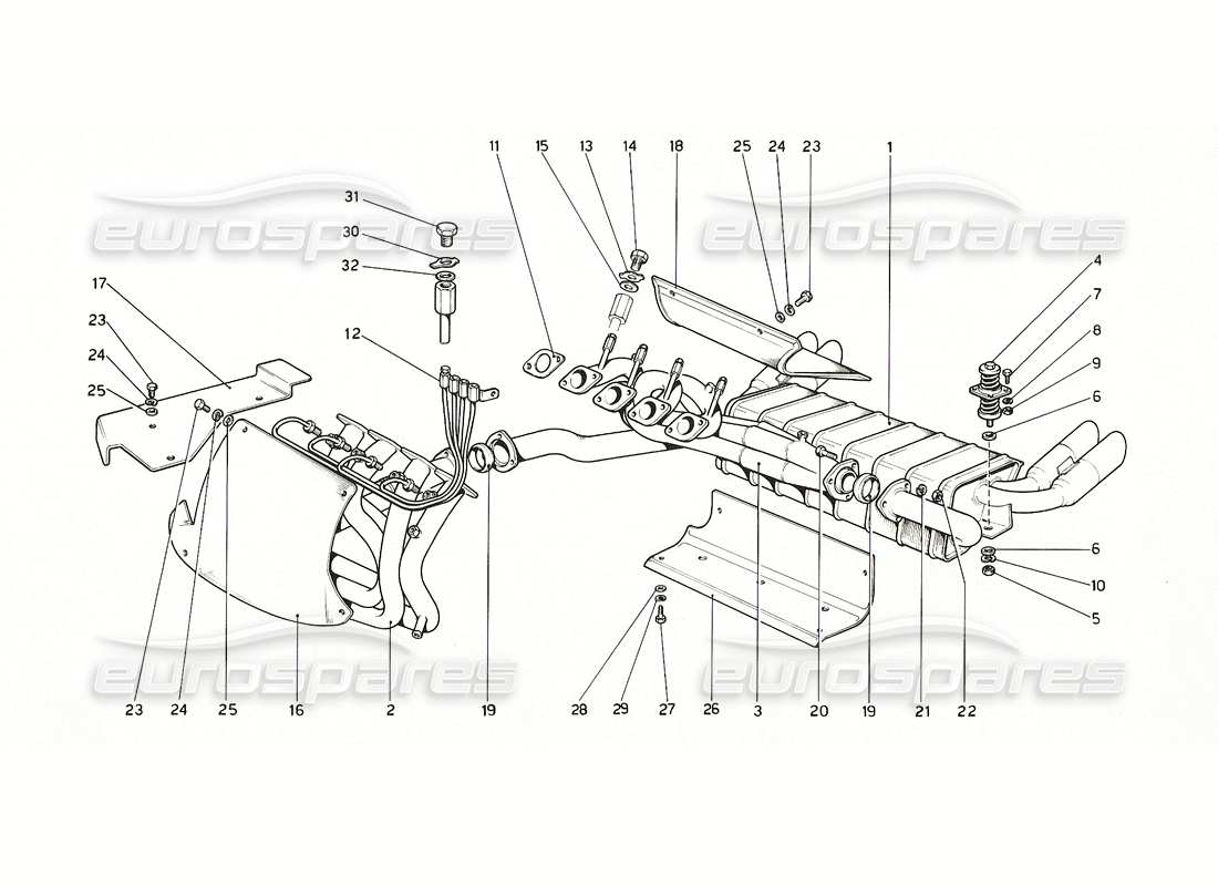 ferrari 308 gt4 dino (1976) diagramma delle parti del sistema di scarico