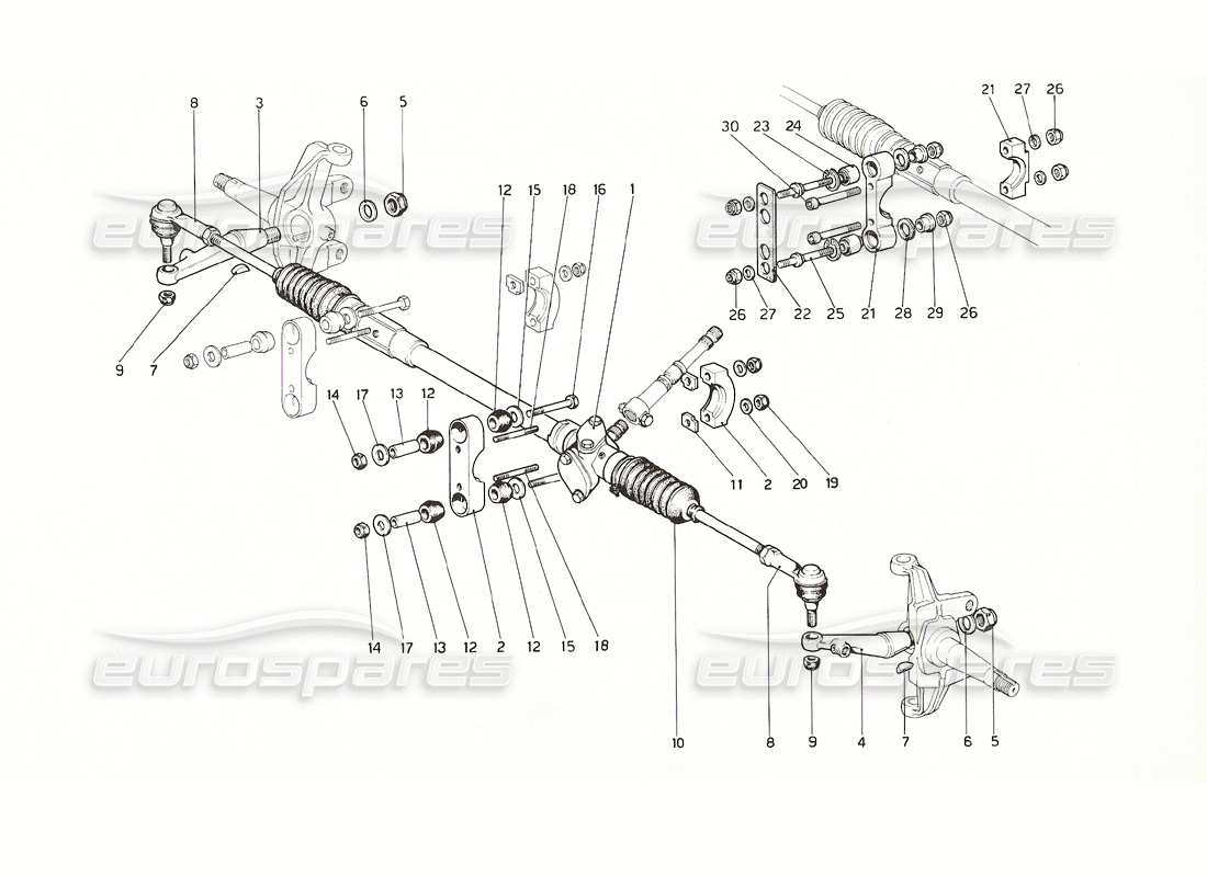 ferrari 308 gt4 dino (1976) schema delle parti della scatola di sterzo e del collegamento