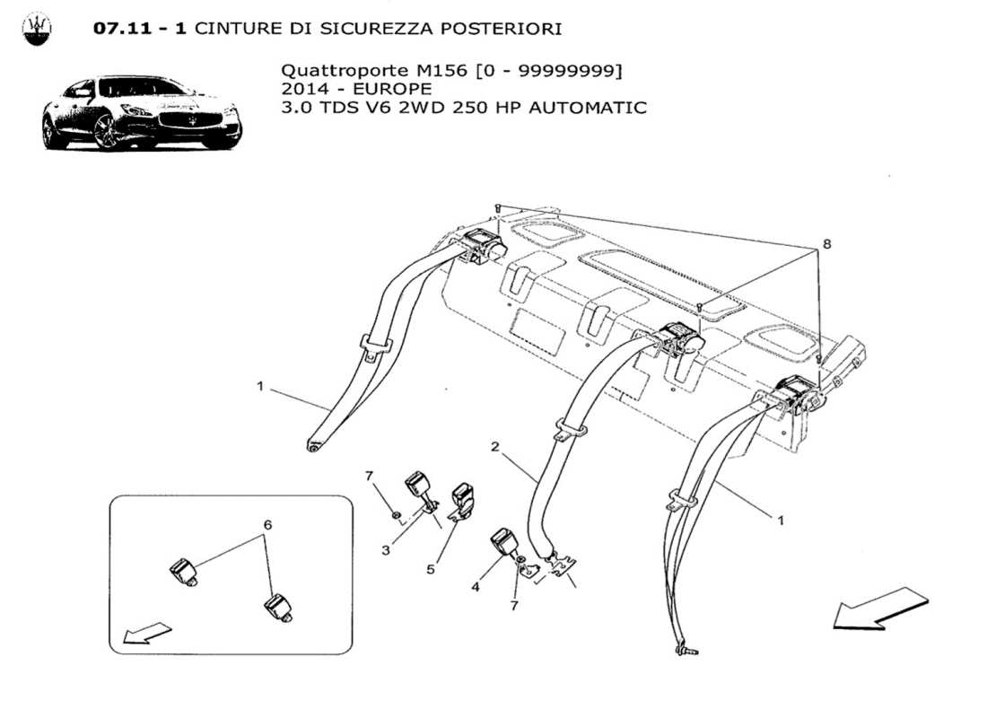 maserati qtp. v6 3.0 tds 250bhp 2014 diagramma delle parti delle cinture di sicurezza posteriori