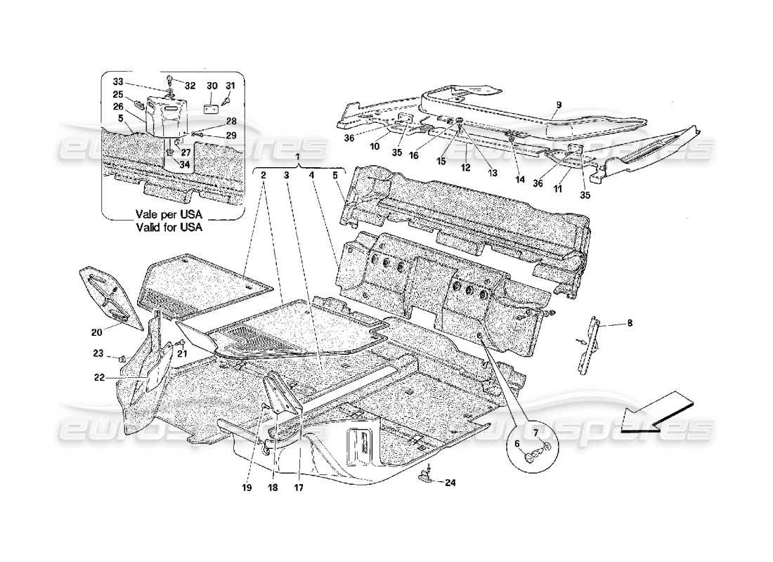 ferrari 348 (2.7 motronic) schema delle parti della moquette dell'abitacolo passeggeri