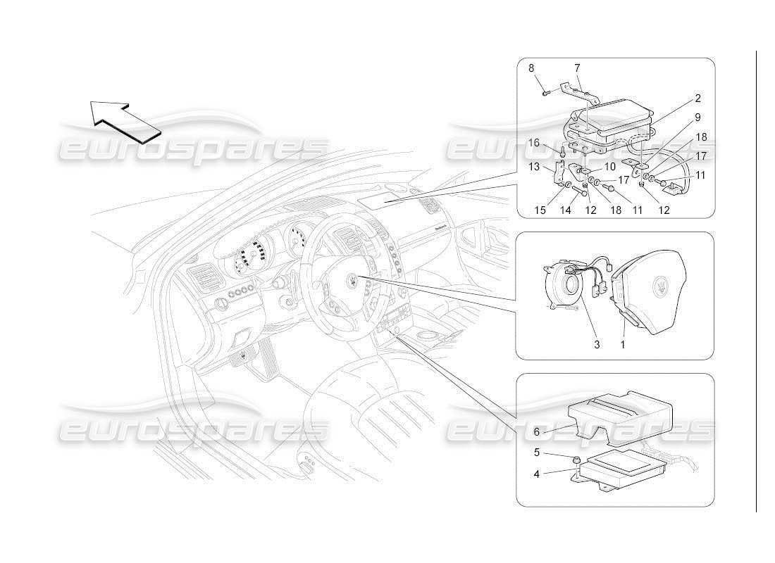 maserati qtp. (2007) 4.2 auto diagramma delle parti del sistema airbag anteriore