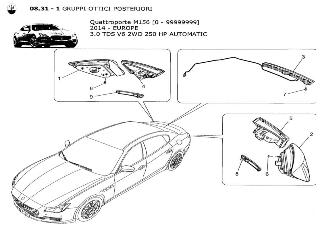 maserati qtp. v6 3.0 tds 250bhp 2014 diagramma delle parti dei gruppi ottici posteriori