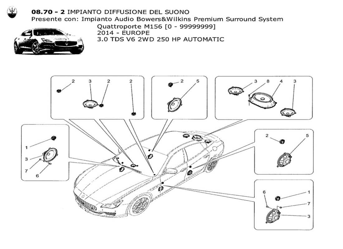 maserati qtp. v6 3.0 tds 250bhp 2014 schema delle parti del sistema di diffusione del suono