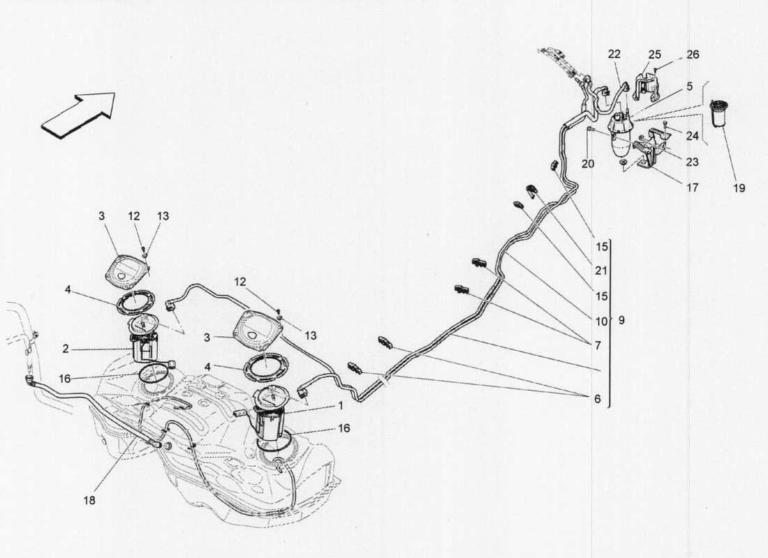 maserati qtp. v6 3.0 tds 275bhp 2017 diagramma delle parti delle pompe del carburante e delle linee di collegamento