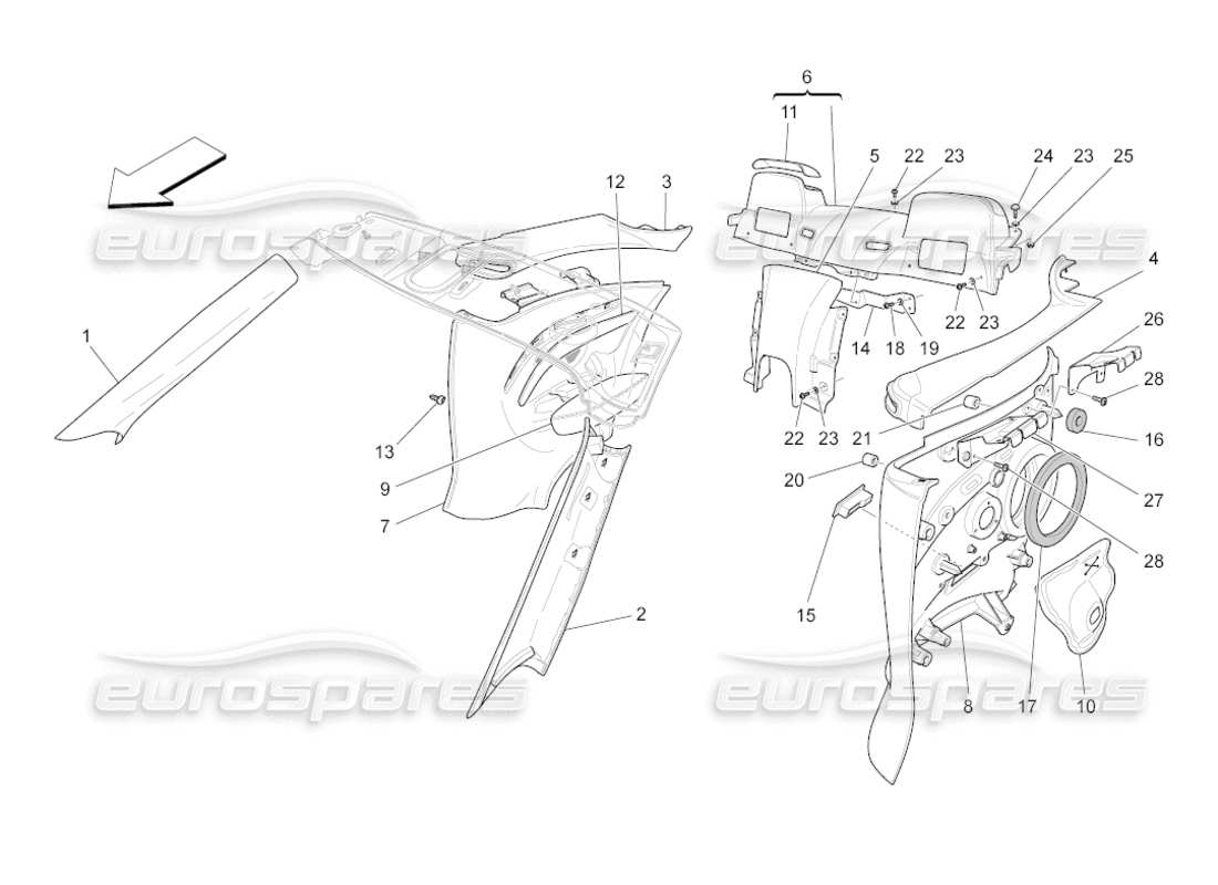 maserati grancabrio (2010) 4.7 schema delle parti dei pannelli di rivestimento del montante b e dei pannelli laterali dell'abitacolo
