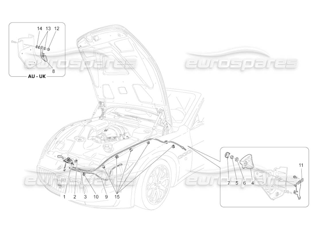 maserati grancabrio (2010) 4.7 diagramma delle parti del pulsante di apertura del coperchio anteriore