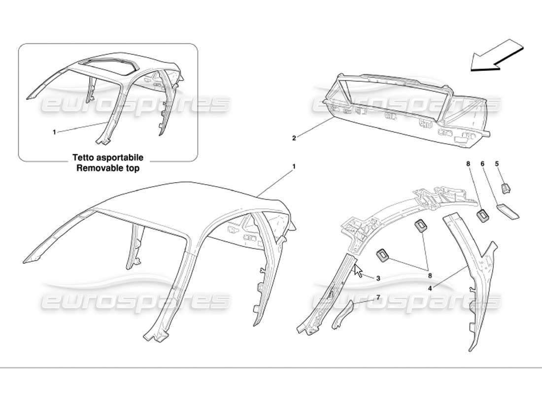 ferrari 360 modena diagramma delle parti della struttura del tetto