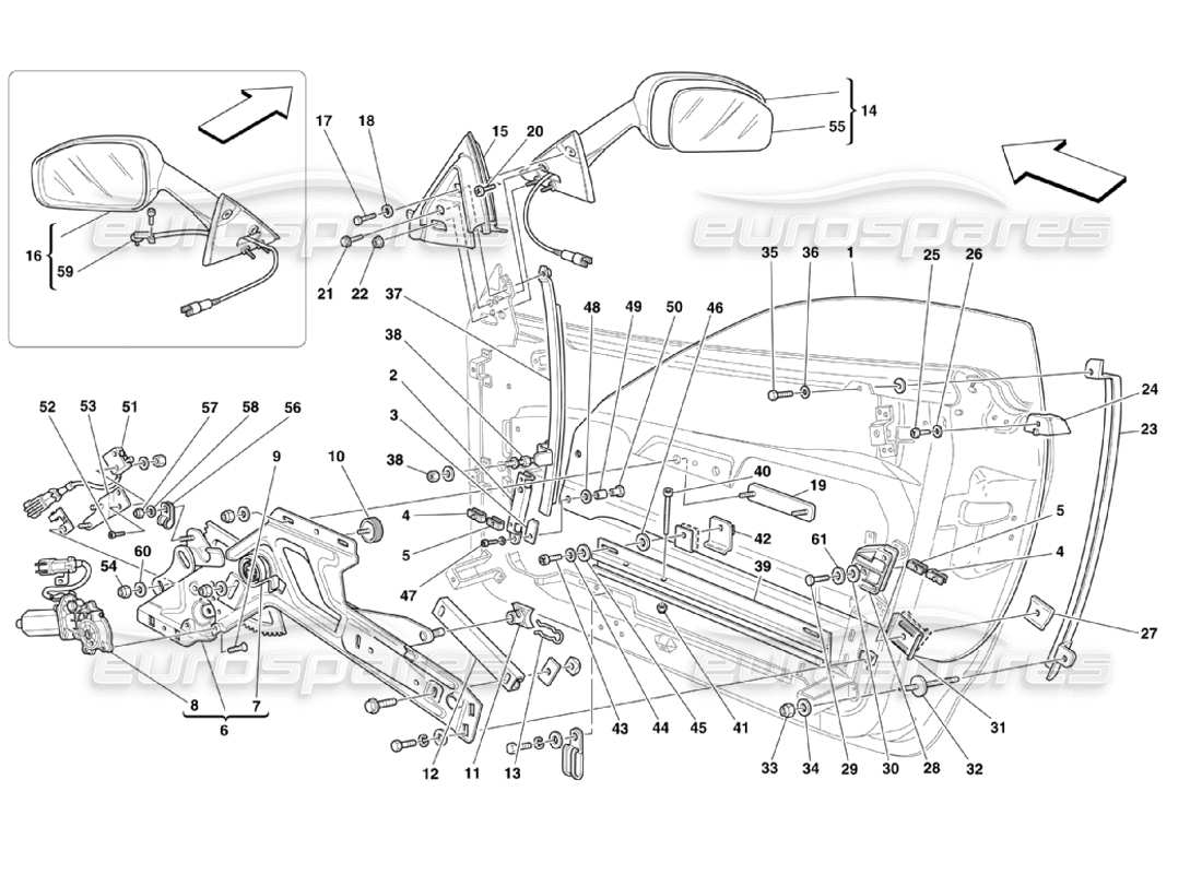 ferrari 360 challenge stradale porte: schema delle parti dell'alzacristallo elettrico e dello specchietto retrovisore