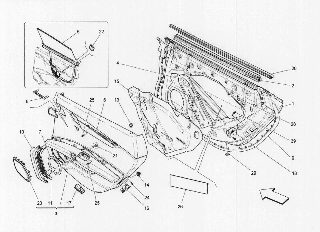 maserati qtp. v6 3.0 bt 410bhp 2wd 2017 porte posteriori: pannelli di rivestimento diagramma delle parti