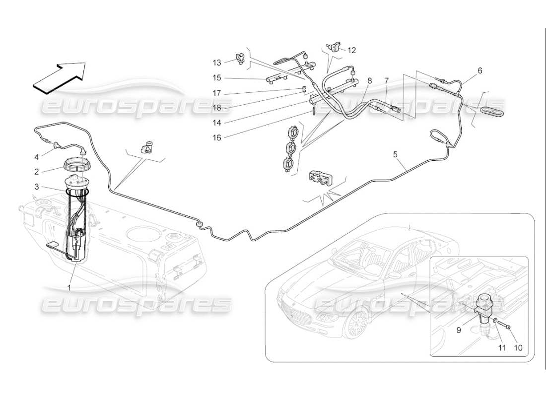 maserati qtp. (2007) 4.2 f1 diagramma delle parti delle pompe del carburante e delle linee di collegamento