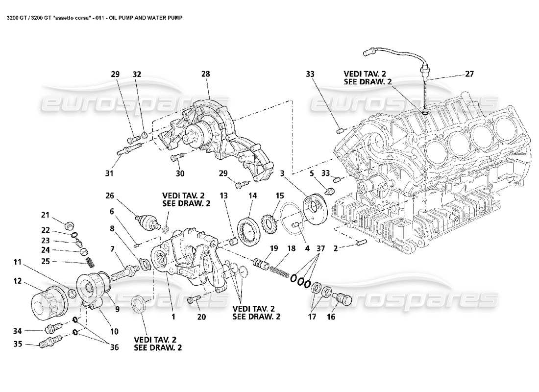 maserati 3200 gt/gta/assetto corsa diagramma delle parti della pompa dell'olio e della pompa dell'acqua
