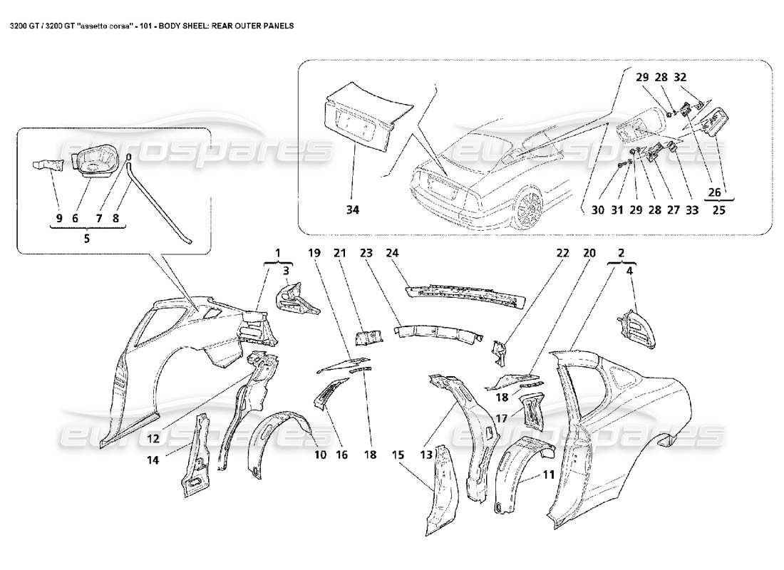 maserati 3200 gt/gta/assetto corsa corpo: diagramma delle parti dei pannelli esterni posteriori