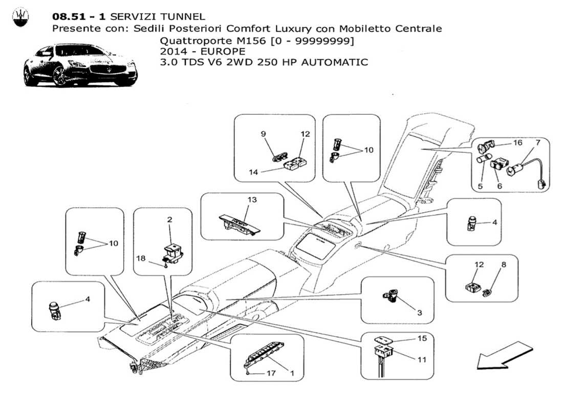 maserati qtp. v6 3.0 tds 250bhp 2014 diagramma delle parti dei dispositivi della console centrale