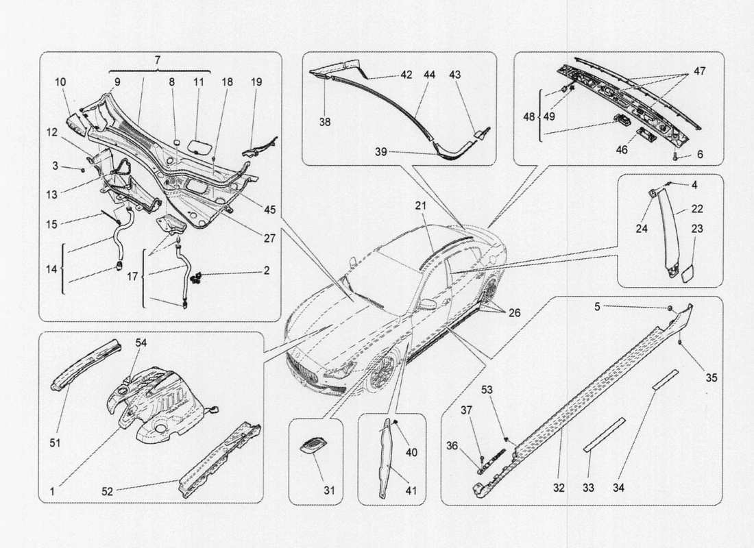 maserati qtp. v6 3.0 tds 275bhp 2017 schema delle parti di scudi, finiture e pannelli di copertura