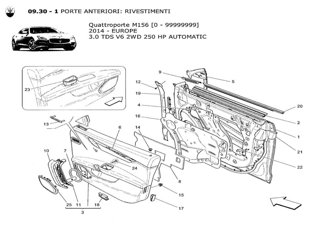 maserati qtp. v6 3.0 tds 250bhp 2014 porte anteriori: diagramma delle parti dei pannelli di rivestimento