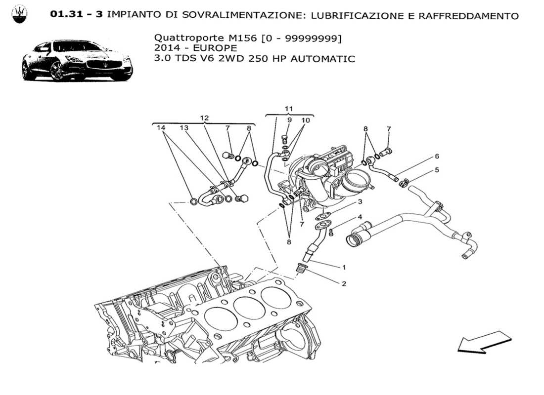 maserati qtp. v6 3.0 tds 250bhp 2014 sistema turbocompressore: lubrificazione e raffreddamento schema delle parti