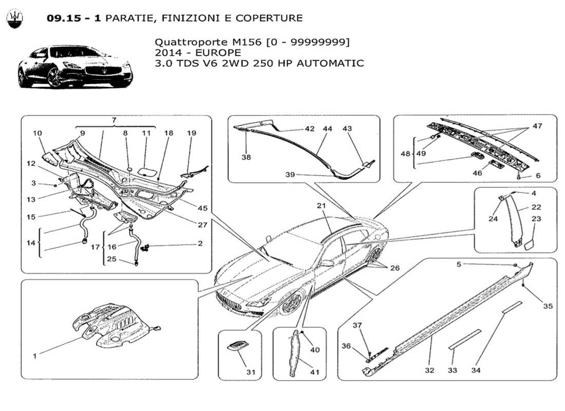 maserati qtp. v6 3.0 tds 250bhp 2014 schema delle parti di scudi, finiture e pannelli di copertura