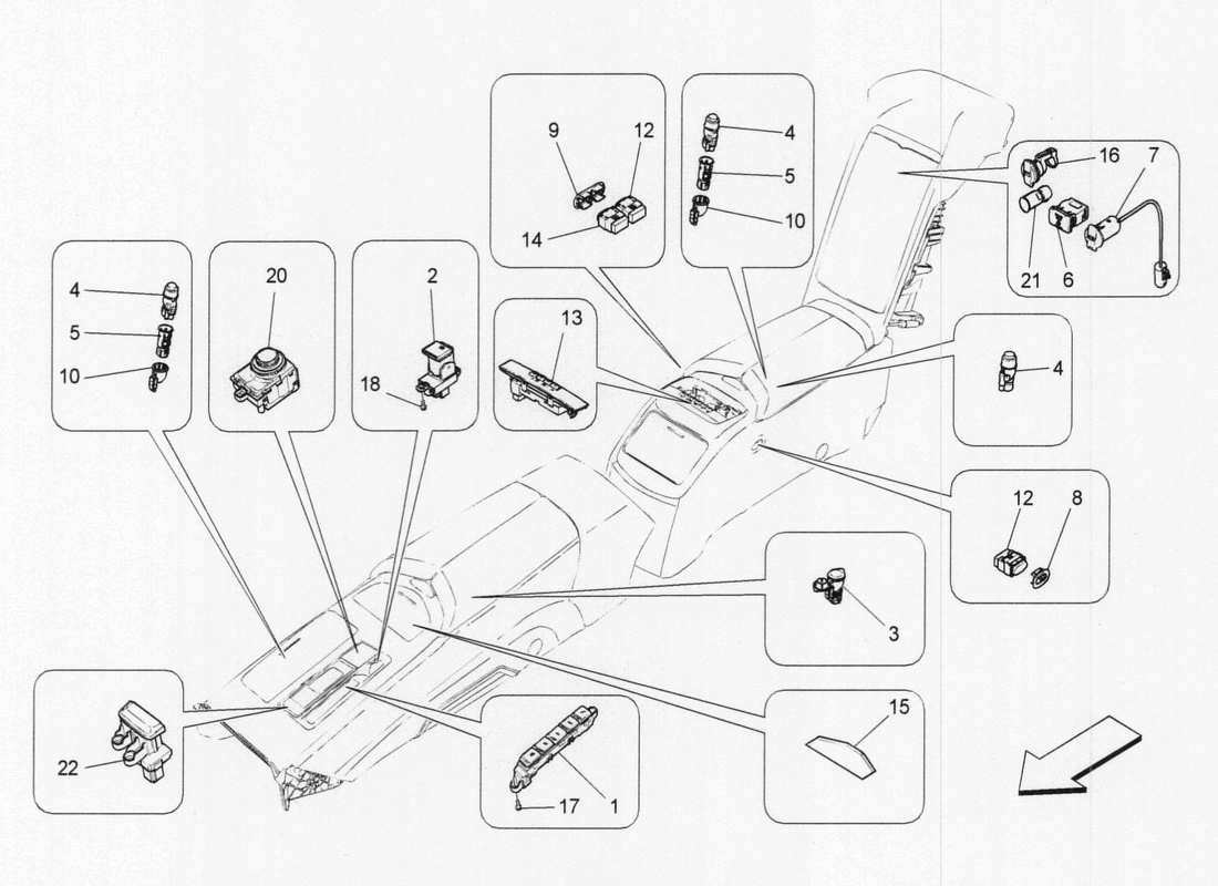 maserati qtp. v6 3.0 tds 275bhp 2017 diagramma delle parti dei dispositivi della console centrale