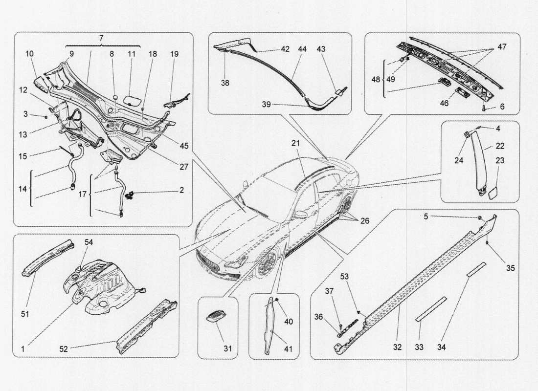 maserati qtp. v6 3.0 tds 275bhp 2017 schema delle parti di scudi, finiture e pannelli di copertura