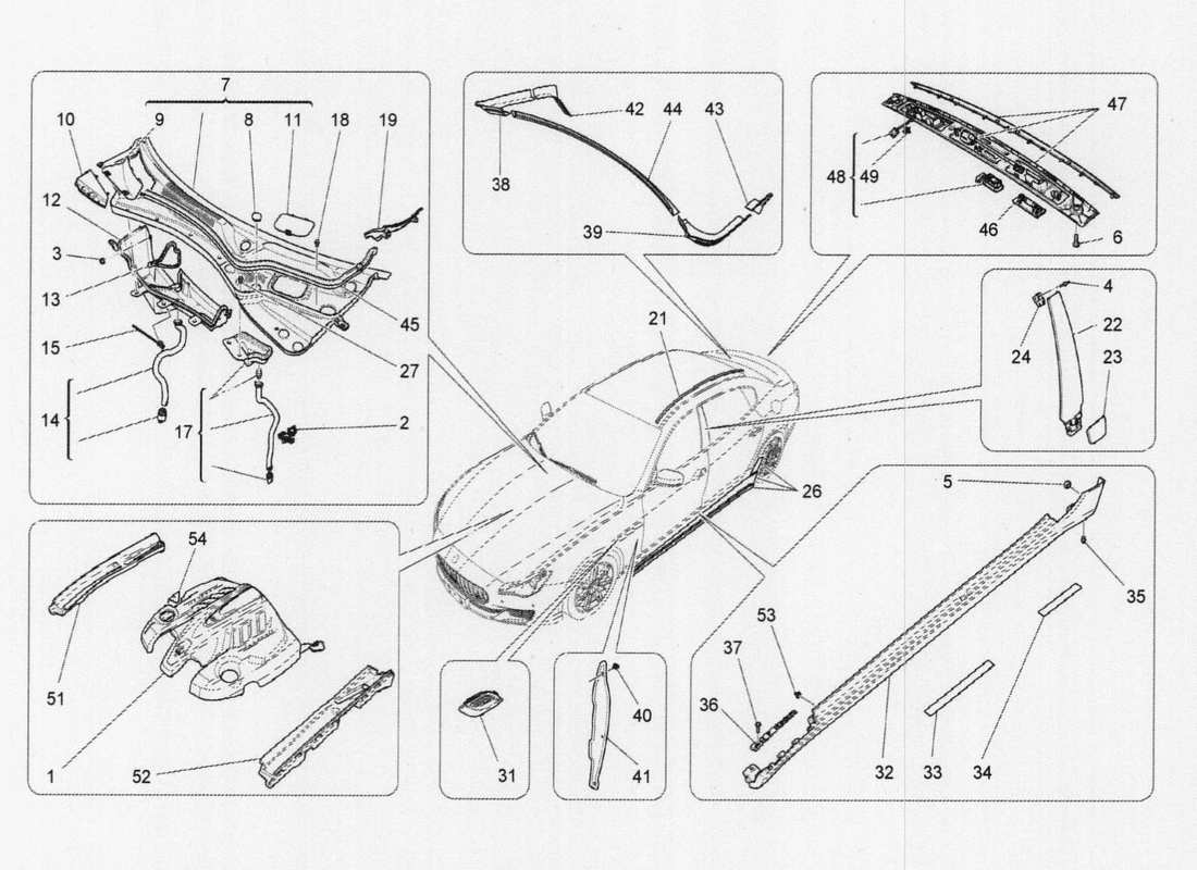 maserati qtp. v6 3.0 tds 275bhp 2017 schermatura, profili e pannelli di copertura diagramma delle parti