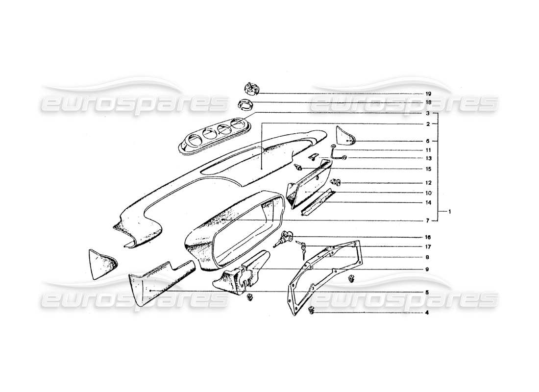 ferrari 365 gt4 2+2 coachwork diagramma delle parti del cruscotto e dell'interruttore di accensione
