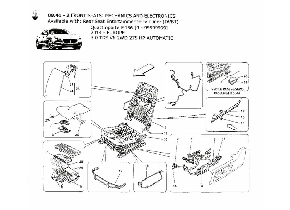 maserati qtp. v6 3.0 tds 275bhp 2014 sedili anteriori: diagramma delle parti meccaniche ed elettroniche