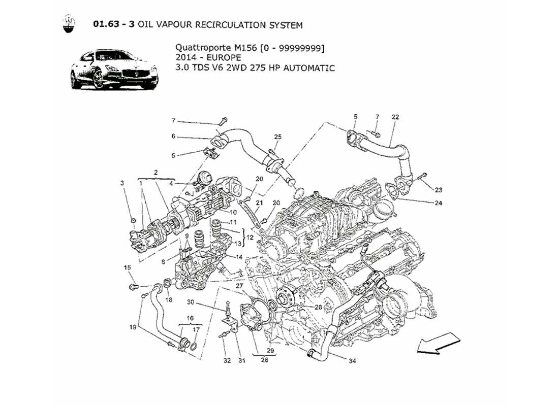 maserati qtp. v6 3.0 tds 275bhp 2014 diagramma delle parti del sistema di ricircolo dei vapori d'olio