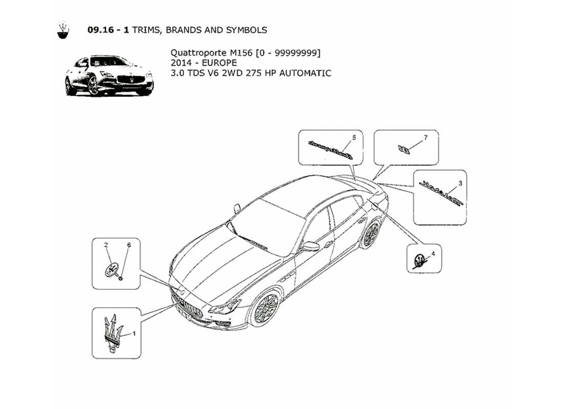 maserati qtp. v6 3.0 tds 275bhp 2014 diagramma delle parti di finiture, marchi e simboli