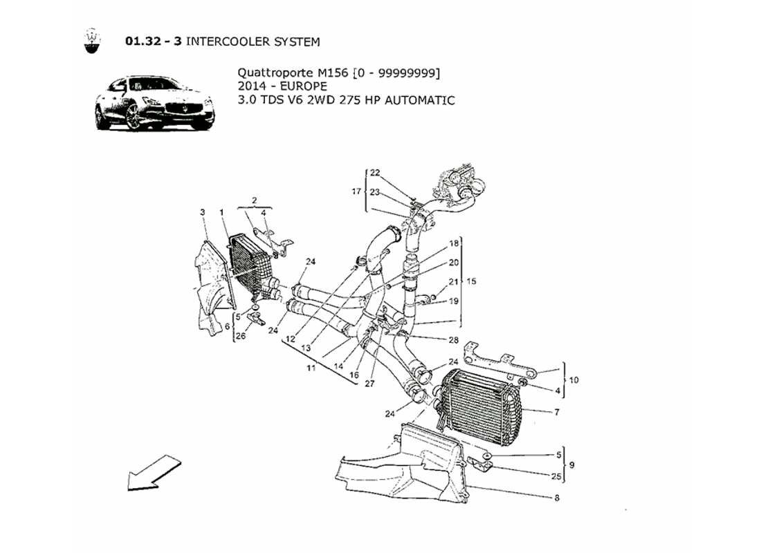 maserati qtp. v6 3.0 tds 275bhp 2014 schema delle parti del sistema intercooler