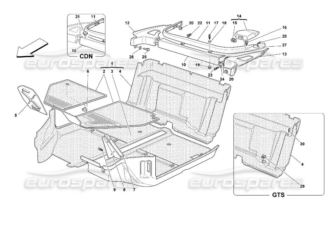 ferrari 355 (2.7 motronic) schema delle parti della moquette dell'abitacolo passeggeri