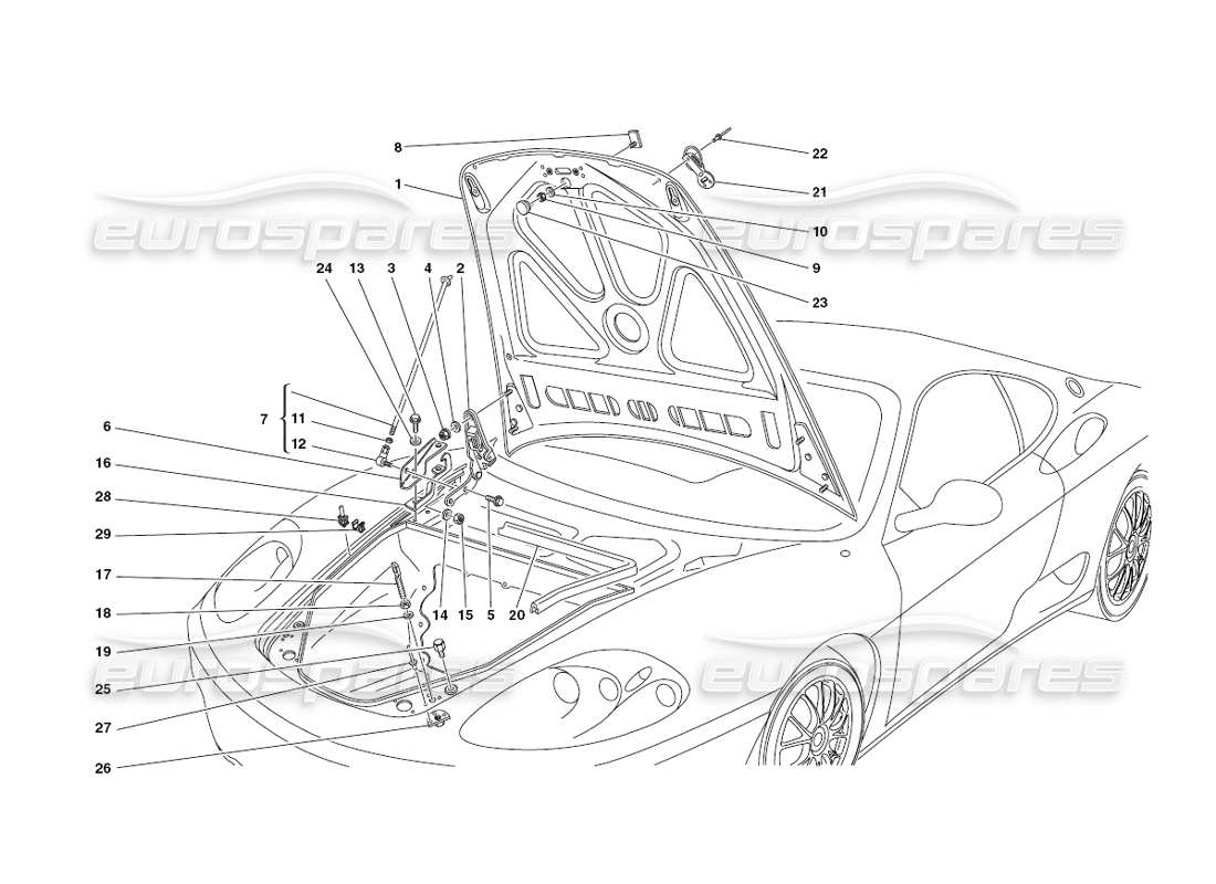 ferrari 430 challenge (2006) cofano anteriore e dispositivo di apertura diagramma delle parti