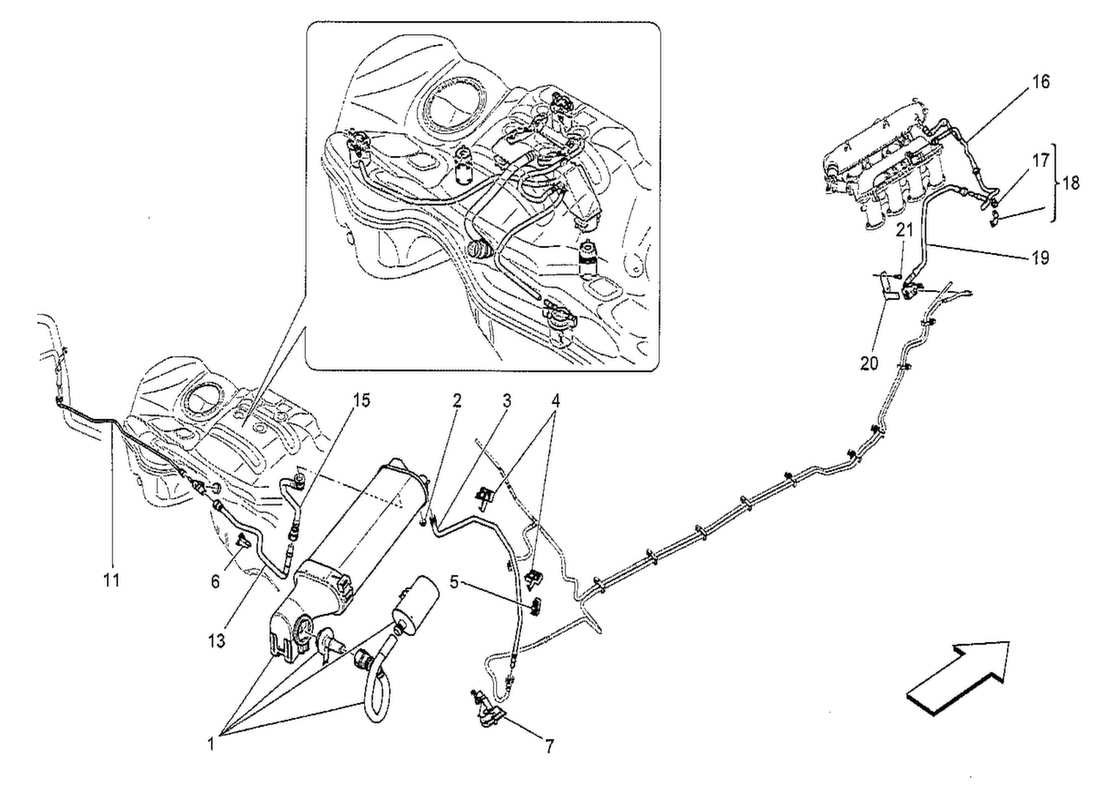 maserati qtp. v8 3.8 530bhp 2014 diagramma delle parti del sistema di ricircolo dei vapori di carburante