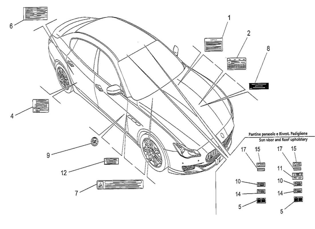 maserati qtp. v8 3.8 530bhp 2014 diagramma delle parti di adesivi ed etichette