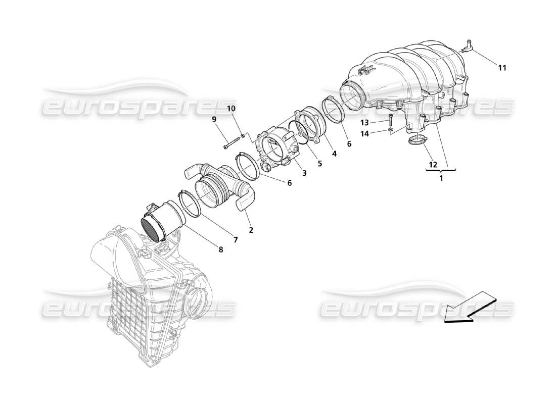 maserati qtp. (2003) 4.2 diagramma delle parti del collettore di aspirazione dell'aria e del supporto dell'acceleratore