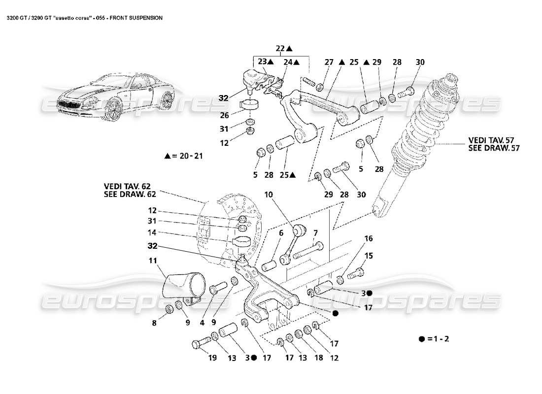 maserati 3200 gt/gta/assetto corsa sospensioni anteriori diagramma delle parti