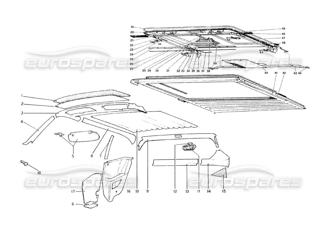 ferrari 308 gt4 dino (1979) schema delle parti del rivestimento interno, degli accessori e del tetto scorrevole