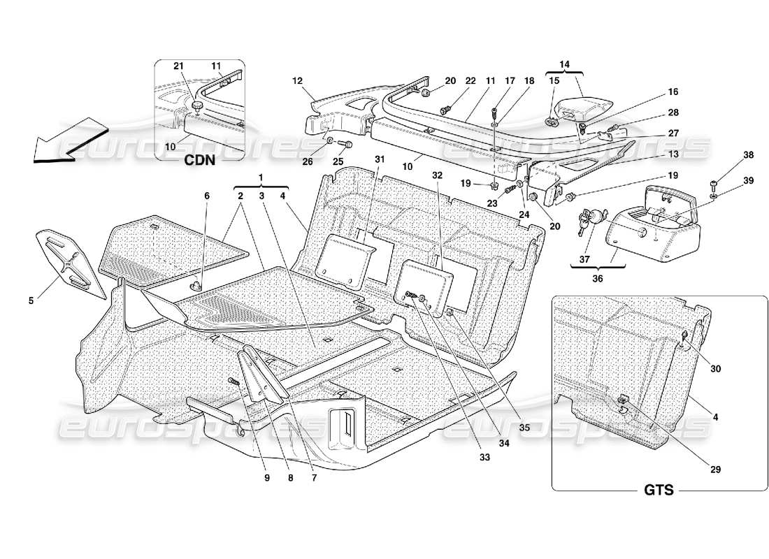 ferrari 355 (5.2 motronic) schema delle parti della moquette dell'abitacolo passeggeri
