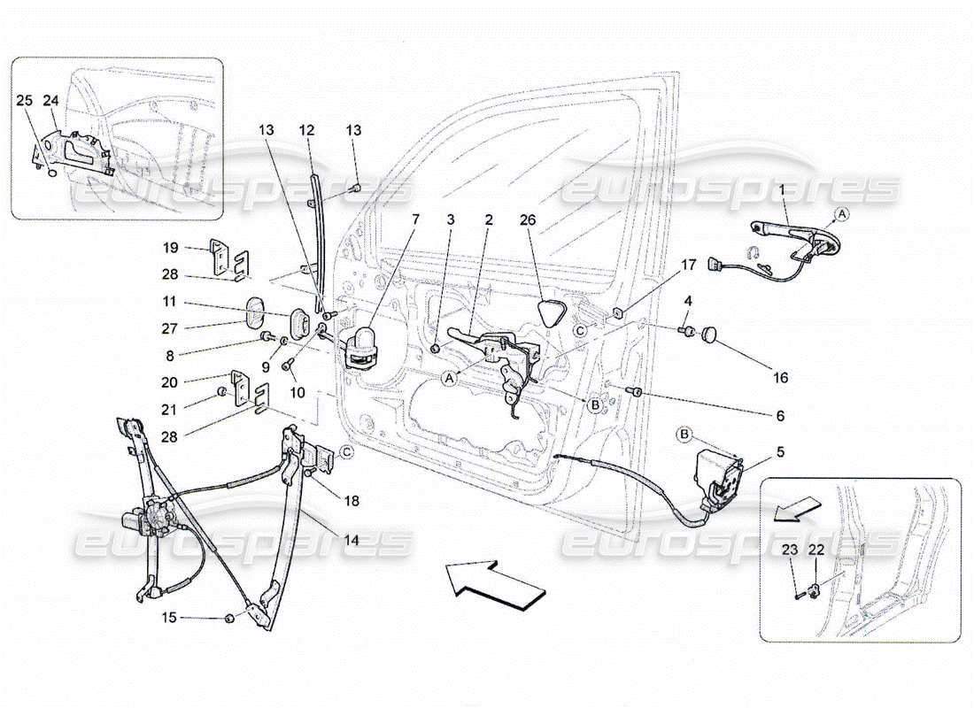 maserati qtp. (2010) 4.2 porte anteriori: diagramma delle parti dei meccanismi